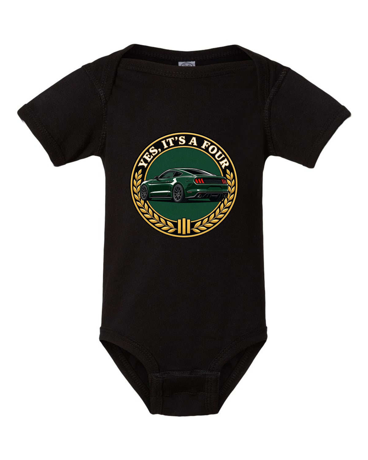 Gauge-cluster HUD print of an S550 Mustang fastback showing 0-60 in 4.3 seconds black baby onesie front view with the design