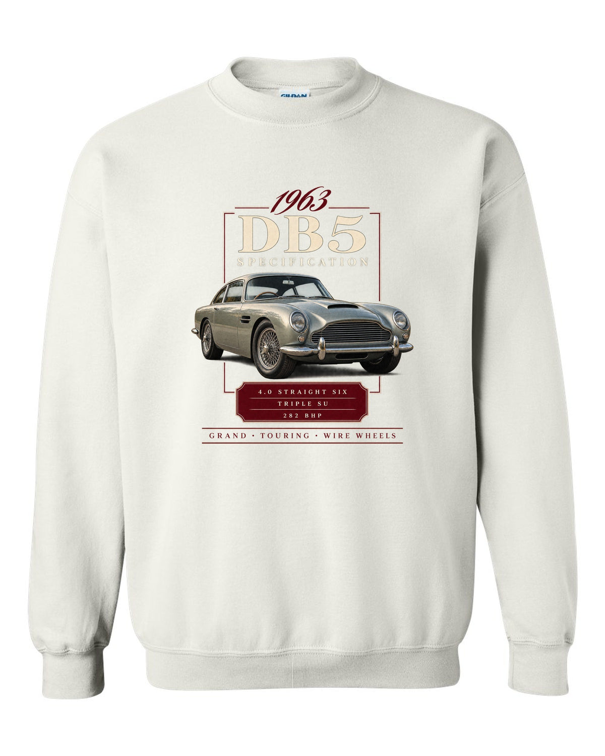 Aston Martin DB5 wire wheel archive specification panel white crewneck front view with the design