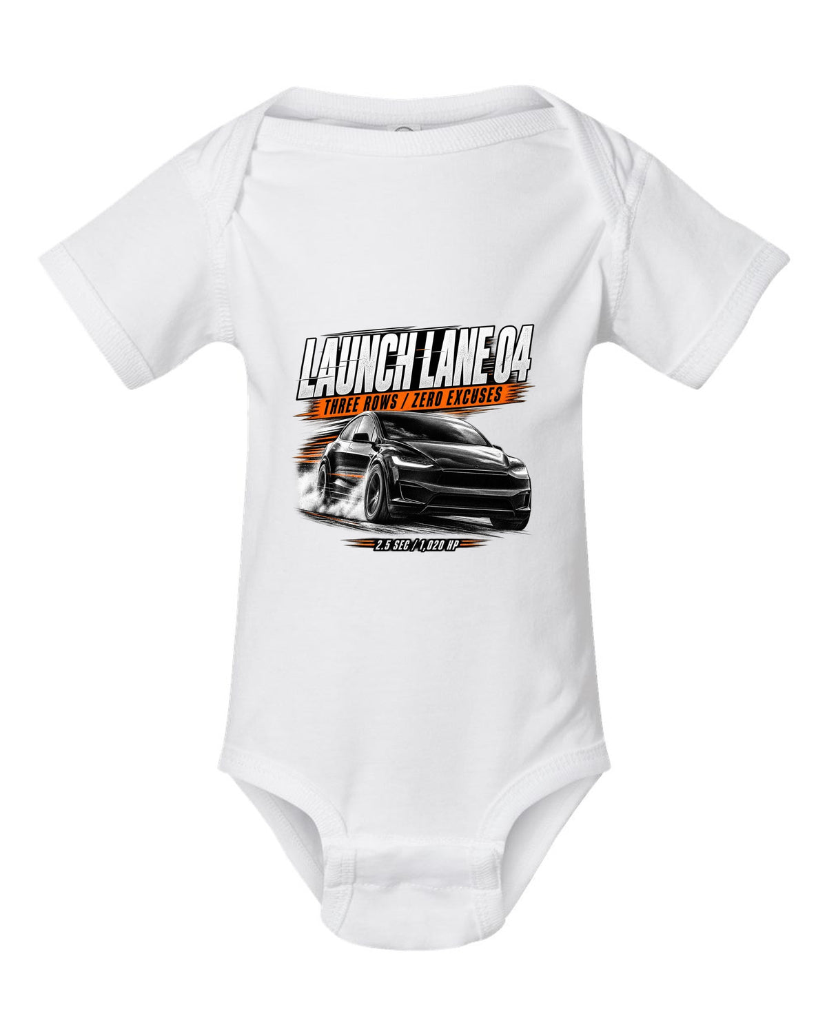 Tesla Model X Plaid front three-quarter launching in a race poster reading Launch Lane 04 white baby onesie front view with the design