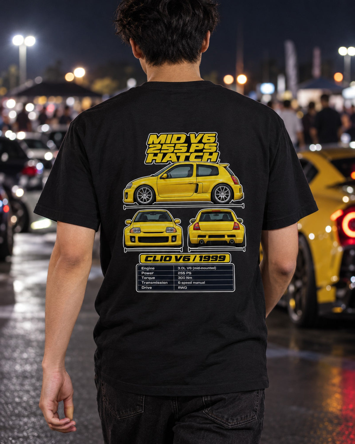 Renault Clio V6 Spec Sheet Full-Back Graphic Tee T-Shirt Black worn hero