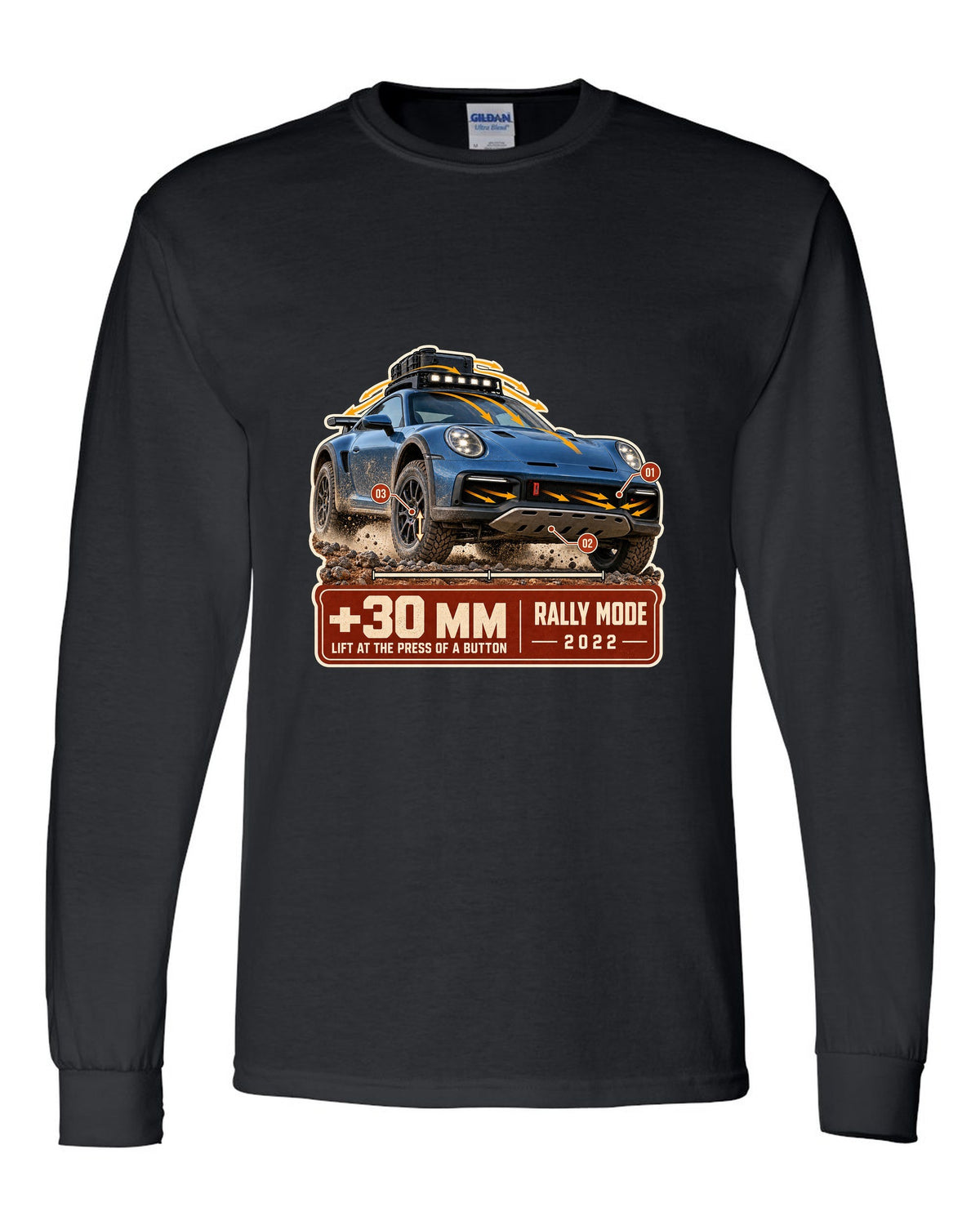 Aero callout print of a Porsche 911 Dakar 992 showing the lift feature black long sleeve front view with the design