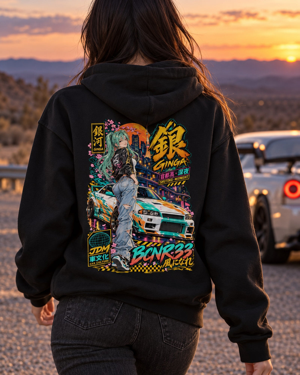 GINGA BCNR33 Anime Girl Full-Back Graphic Tee Pull Over Hoodie Black worn hero