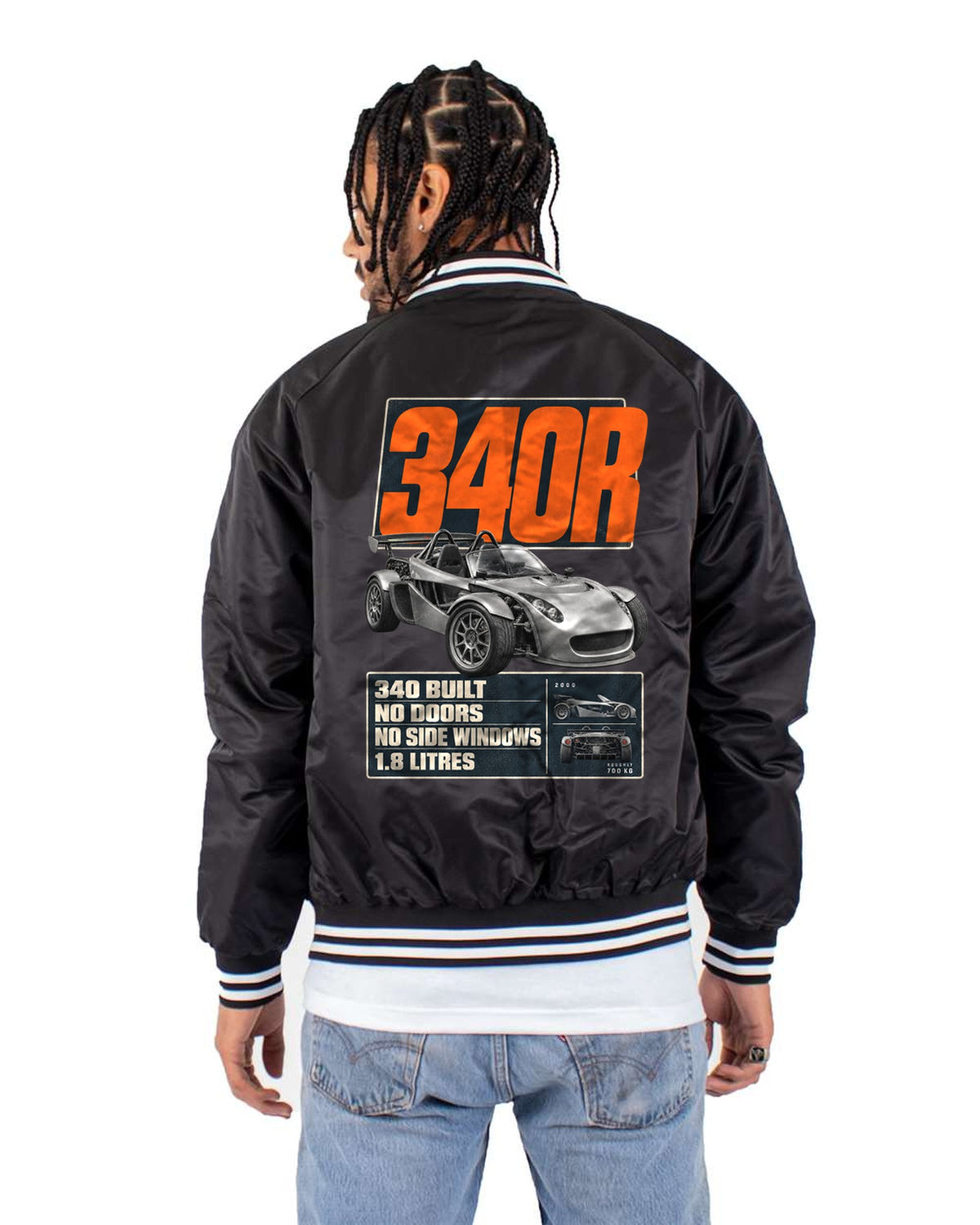 Lotus Elise 340R Editorial print Shirt, Car Guy Tee Bomber Jacket Black back