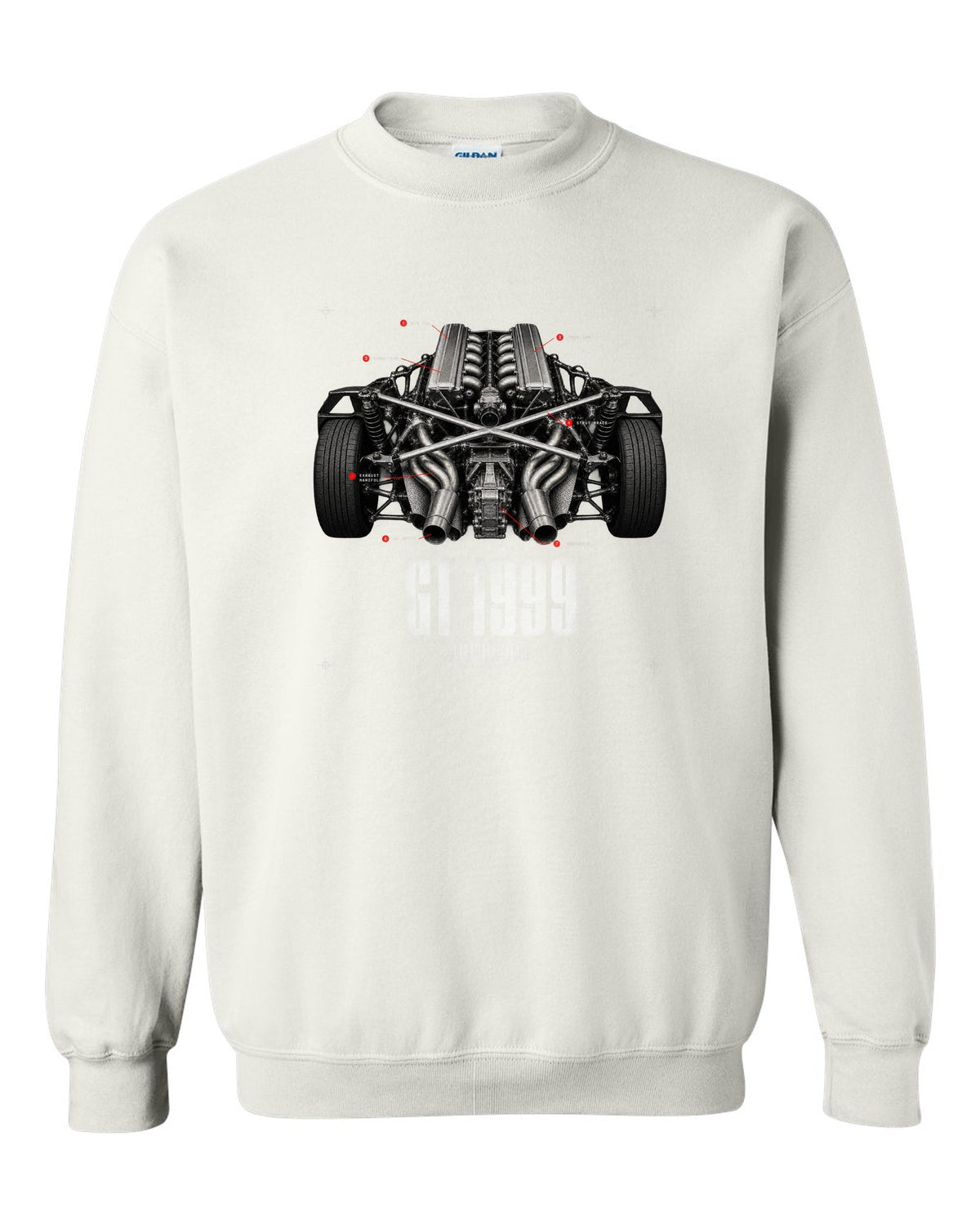 Engine hero print of a Lamborghini Diablo GT 6.0 V12 with 80 built text white crewneck front view with the design