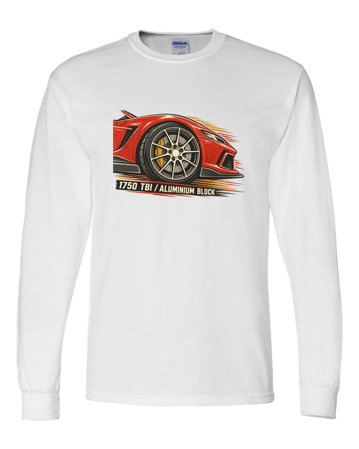 Multi-ink linocut illustration of an Alfa Romeo 4C with 1750 TBI aluminium block text white long sleeve front view with the design