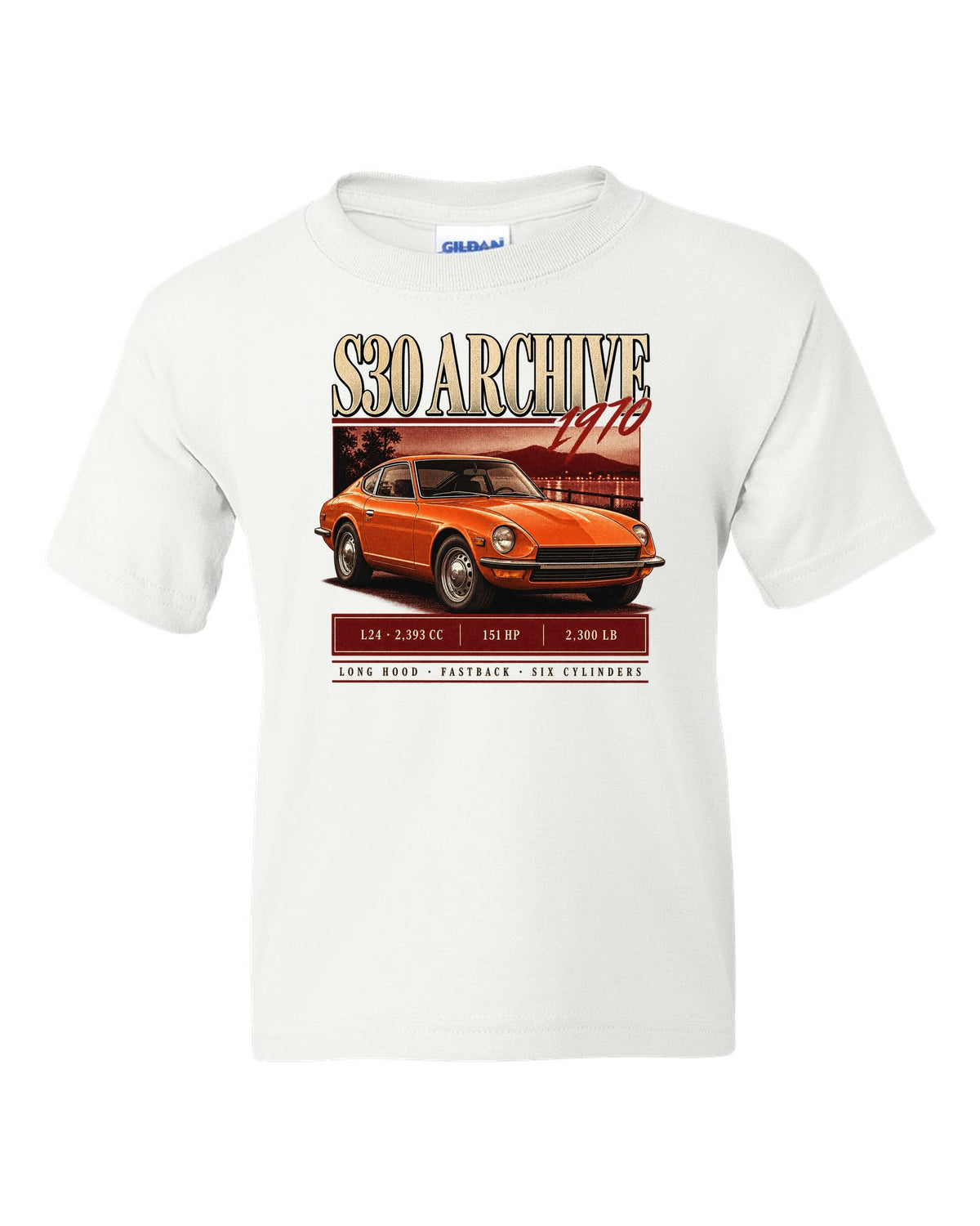 Archive panel print of a 1970 Datsun 240Z S30 with L24 engine figures white kids tee front view with the design
