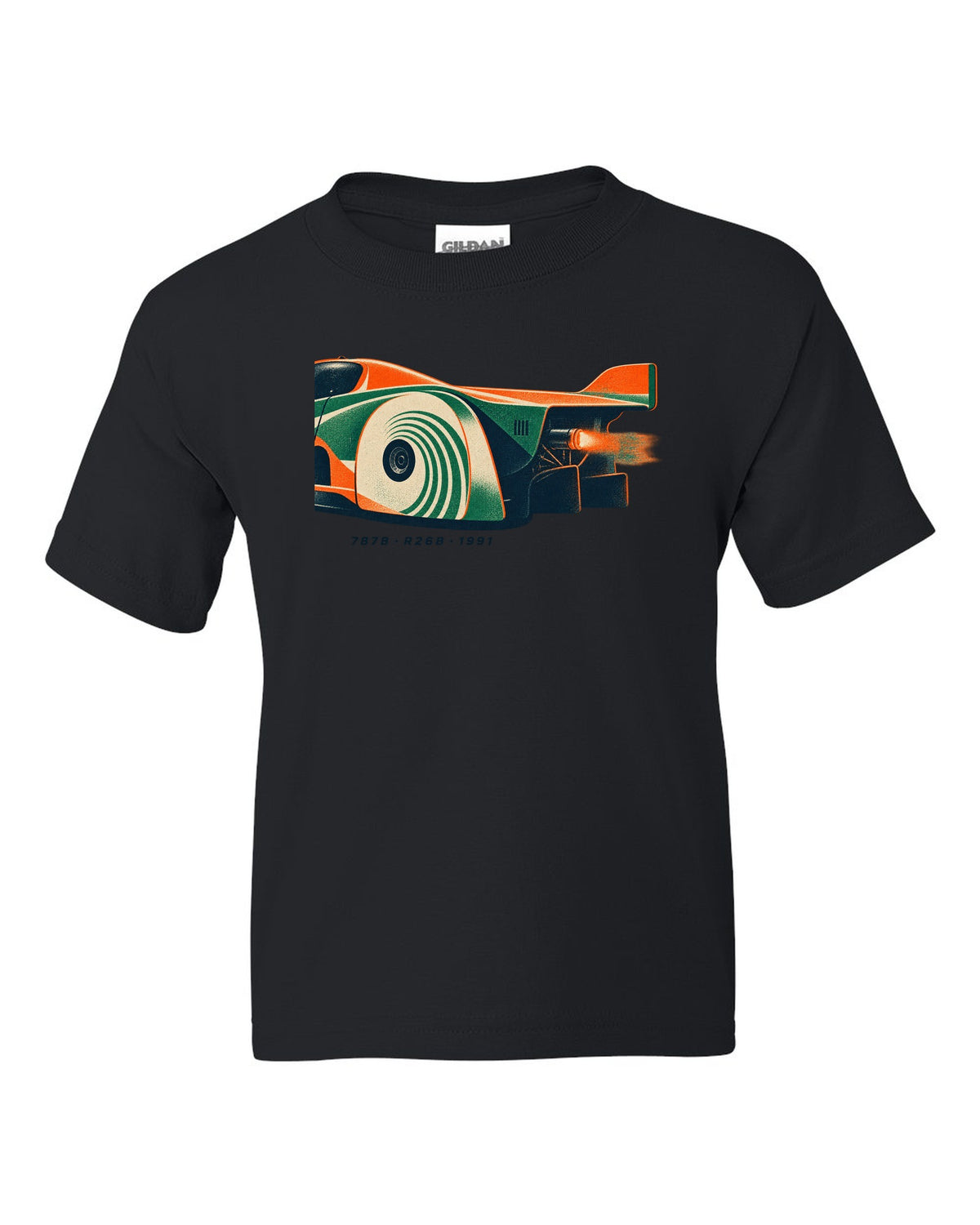 Risograph print of a Mazda 787B wheel and exhaust with R26B and 1991 text black kids tee front view with the design