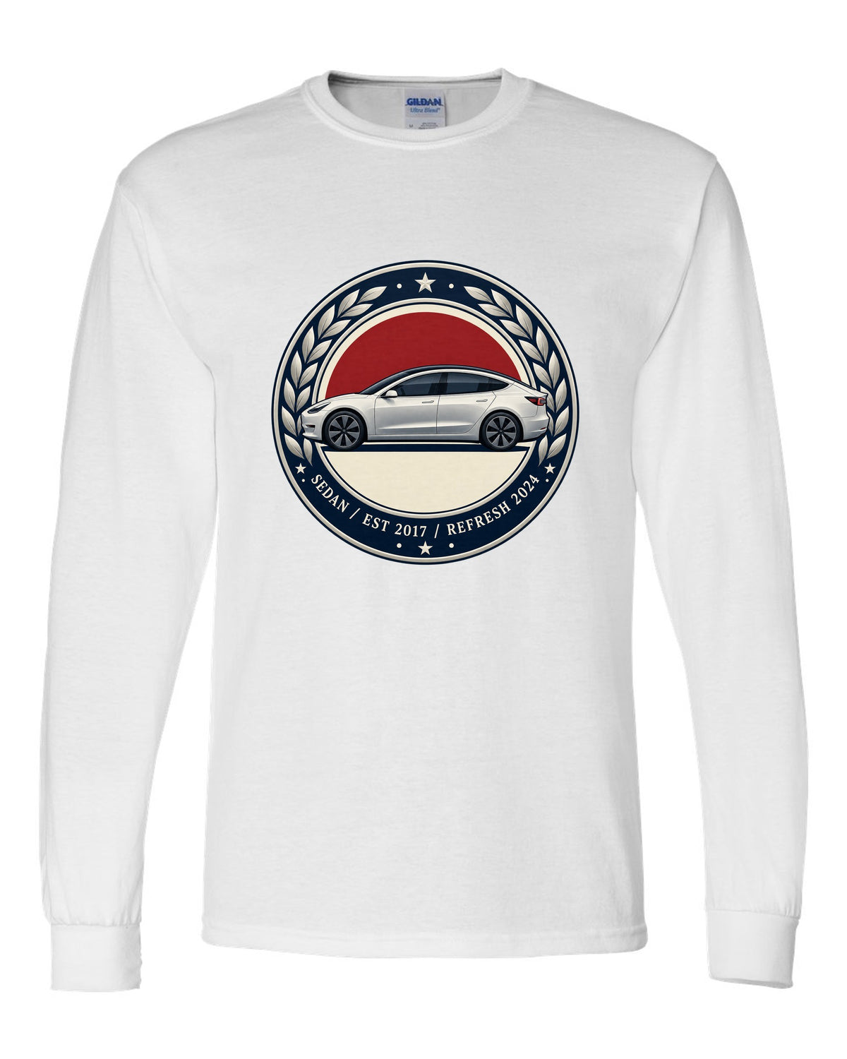 Round crest print of a Tesla Model 3 sedan reading Est 2017 and Refresh 2024 white long sleeve front view with the design