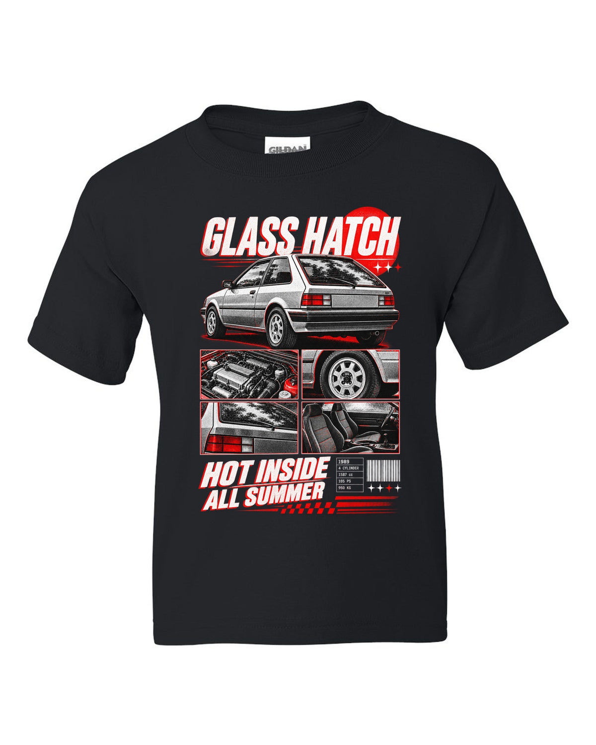 Dossier panel print for the 1989 Honda CRX EF8 Si about its glass ch being hot all summer black kids tee front view with the design