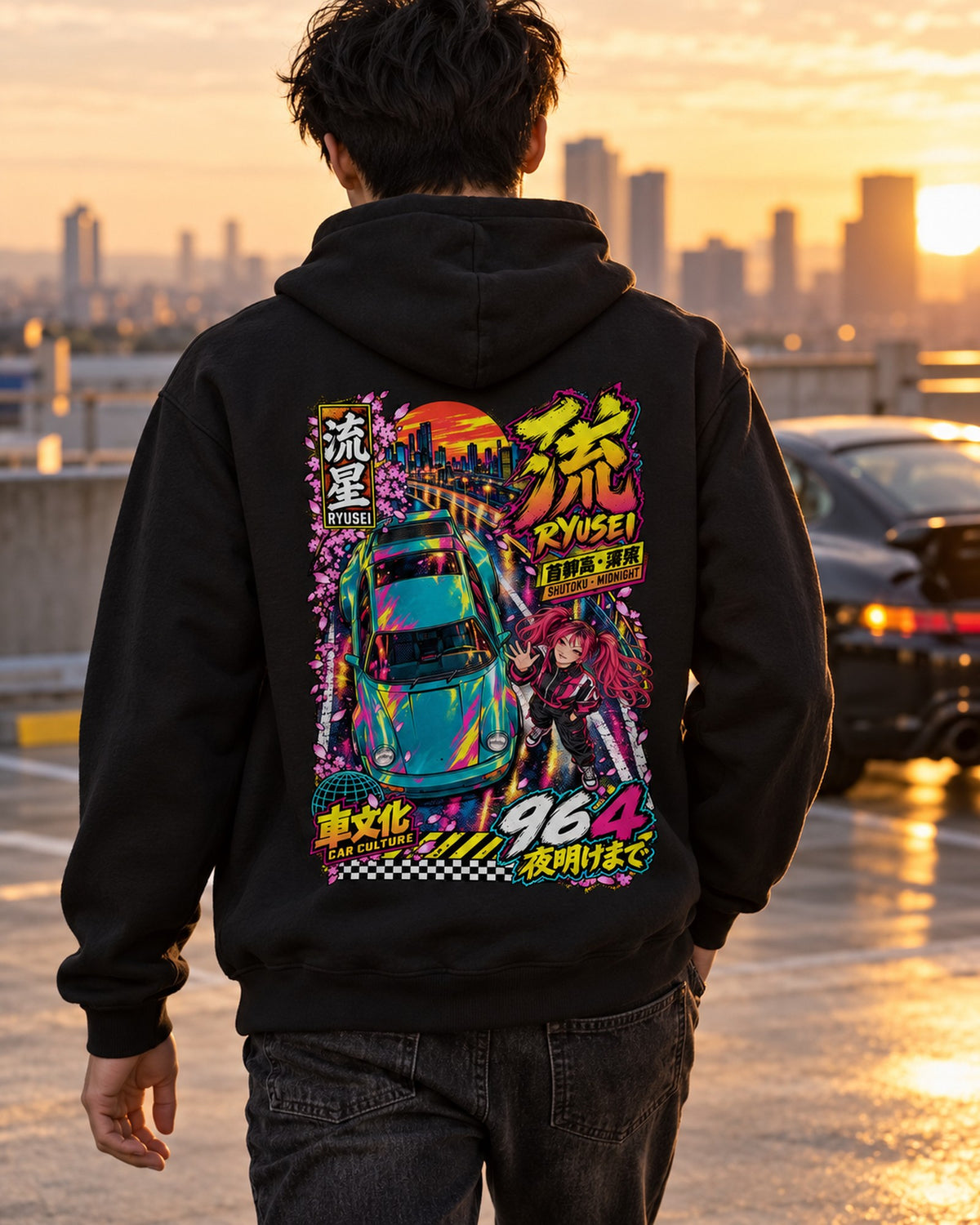 RYUSEI 964 Anime Girl Full-Back Graphic Tee Pull Over Hoodie Black worn hero