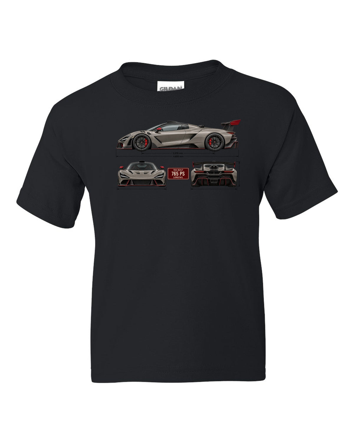 Three-view spec print of a McLaren 765LT, 765 built, 765 PS black kids tee front view with the design