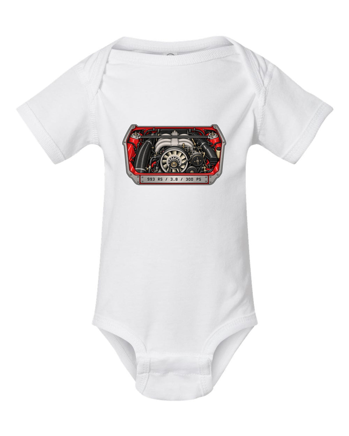 Porsche 901 topographic route map design with 1964 and 130 PS lettering white baby onesie front view with the design