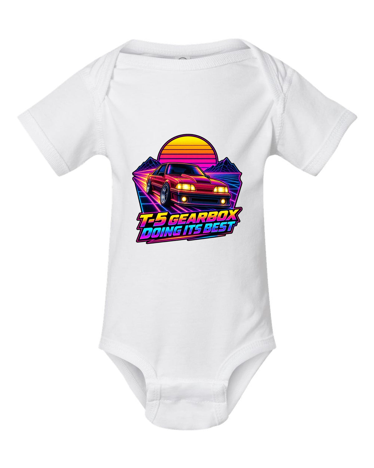 Synthwave sunset grid print of a Ford Mustang Fox Body GT with T-5 gearbox text white baby onesie front view with the design