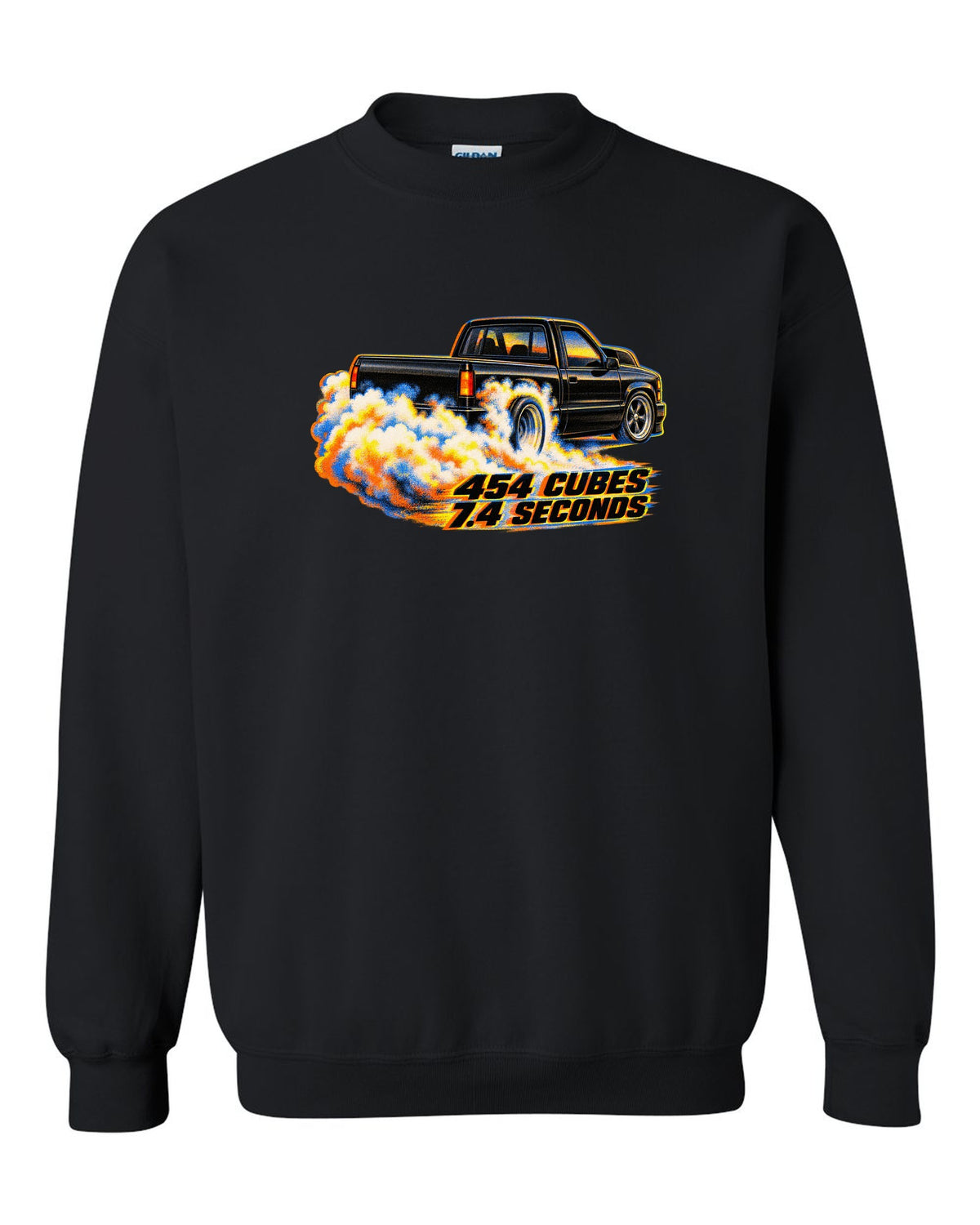 Risograph burnout smoke print of a 1990-93 Chevrolet 454 SS pickup with 454 cubes text black crewneck front view with the design