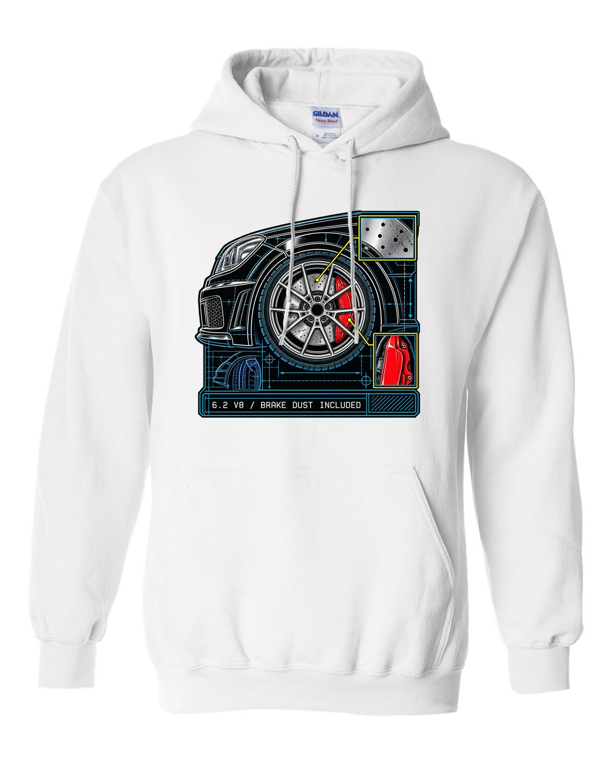 Retro manga ink burnout illustration of a Mercedes C63 Coupe C204 with tyre text white pull over hoodie front view with the design