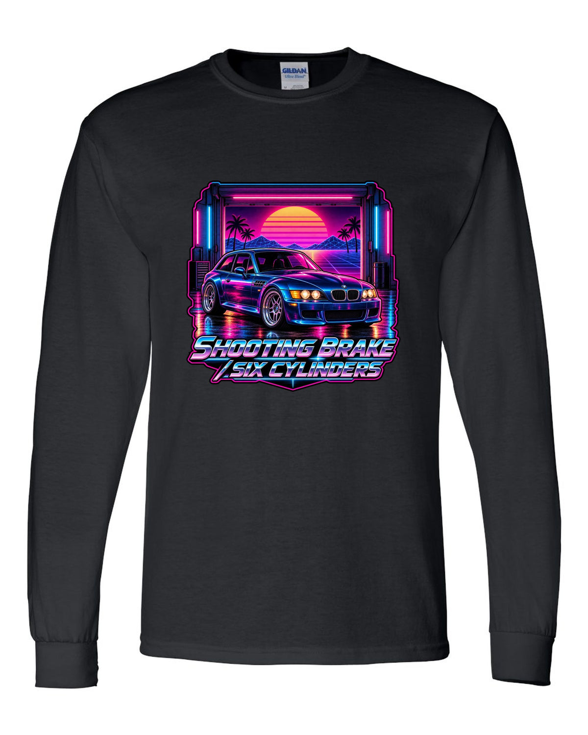 BMW Z3 M Coupe synthwave outrun print with shooting brake text black long sleeve front view with the design