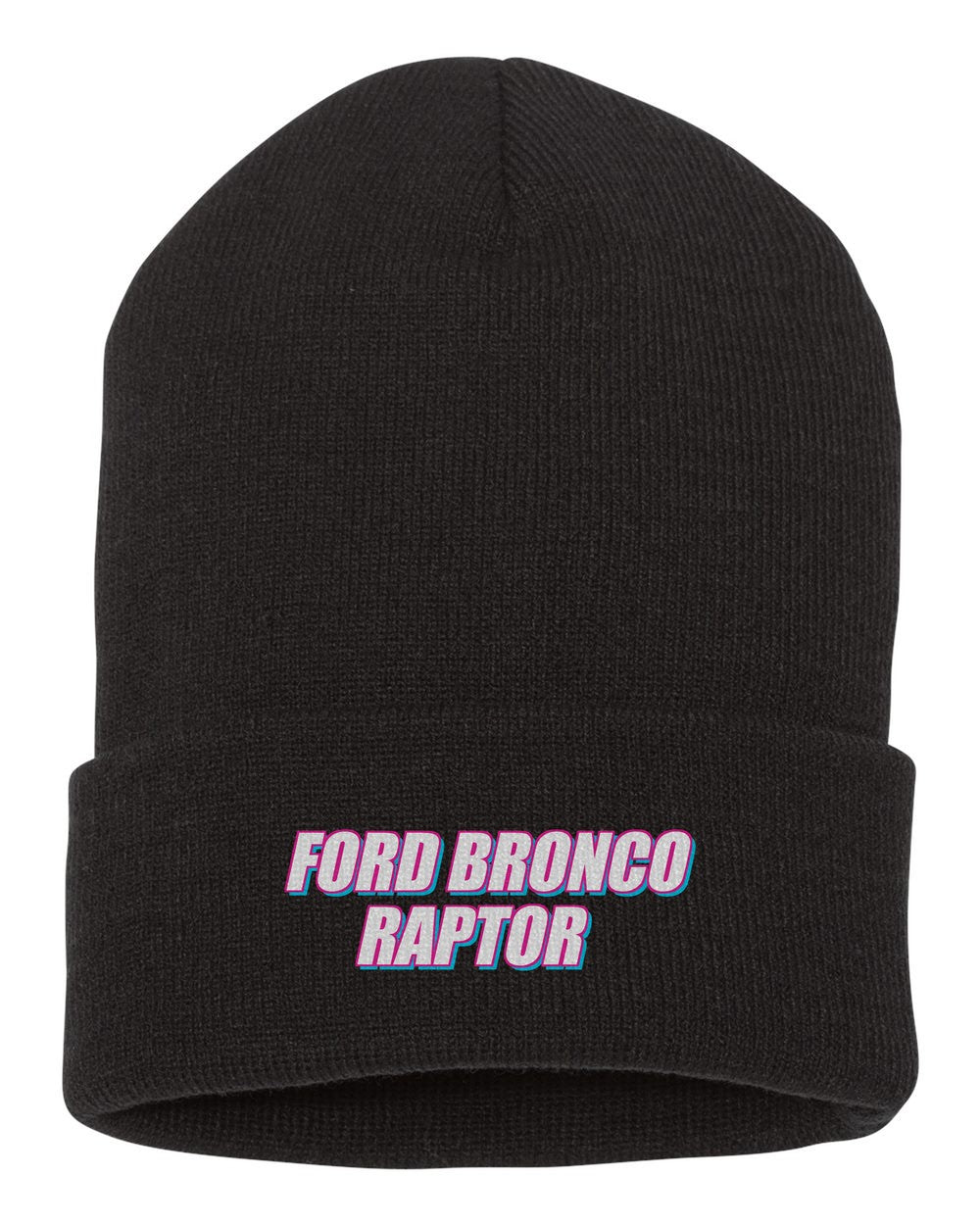 Ford Bronco Raptor black beanie front view with car name