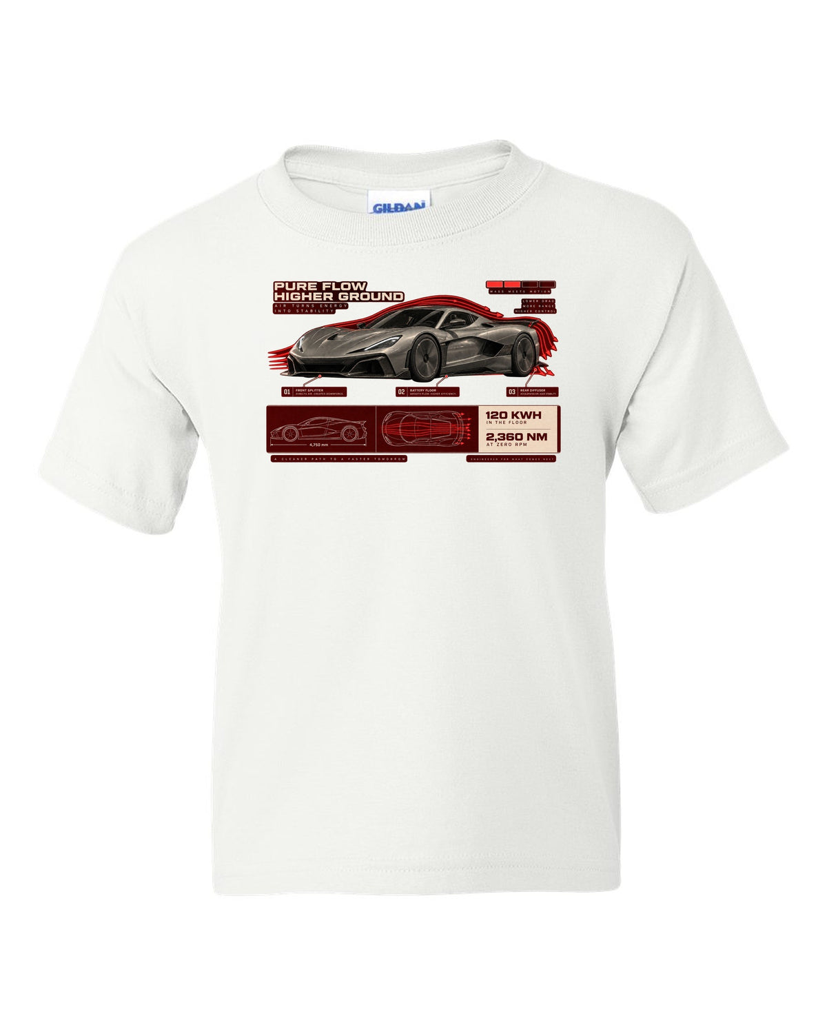 Rimac Nevera 2021 low front three-quarter aero callouts print with 120 kWh and 2,360 Nm text white kids tee front view with the design