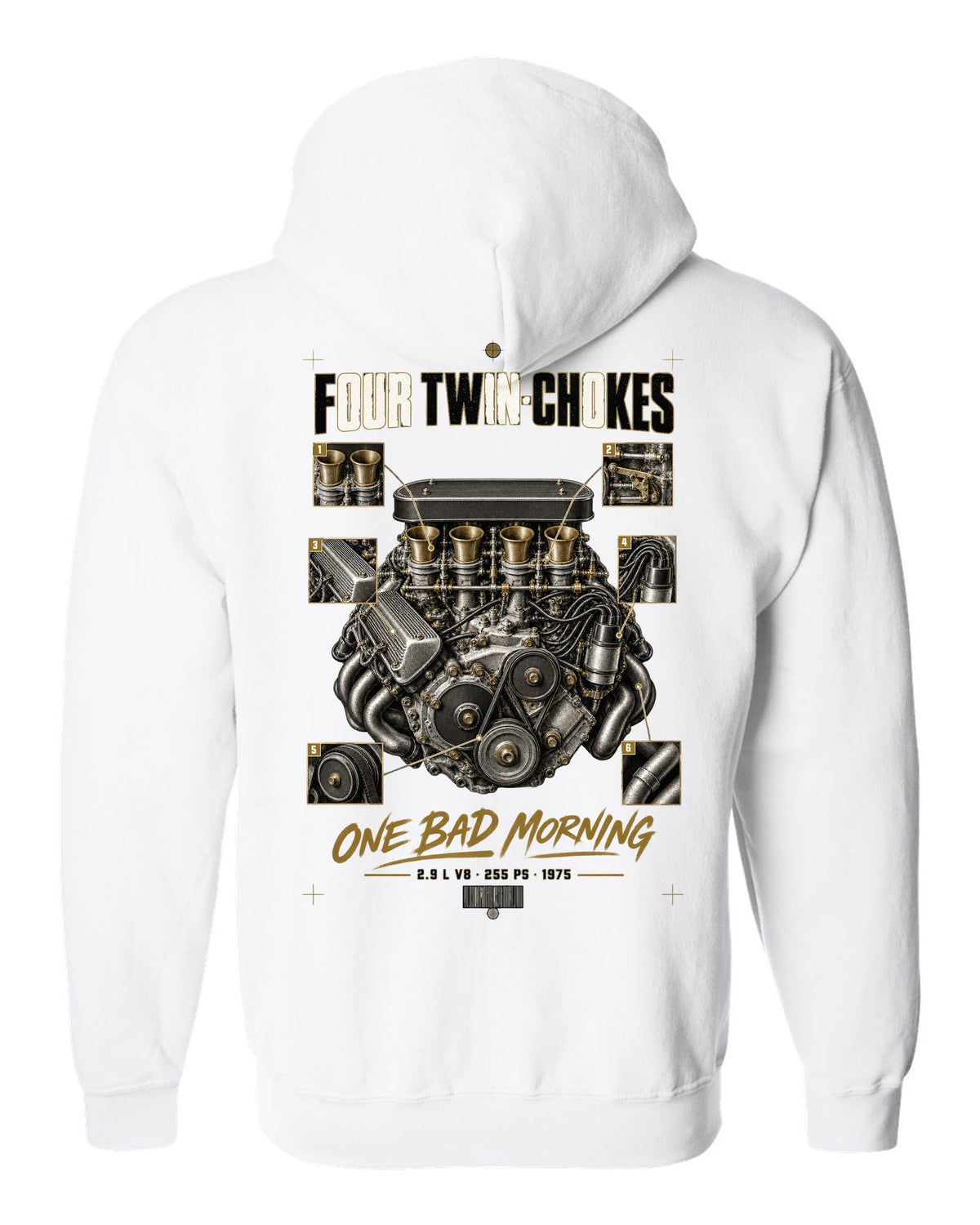Ferrari 308 GTB 1975 engine print, four twin-choke carbs, 2.9 L V8, 255 PS white zip hoodie back view with the design