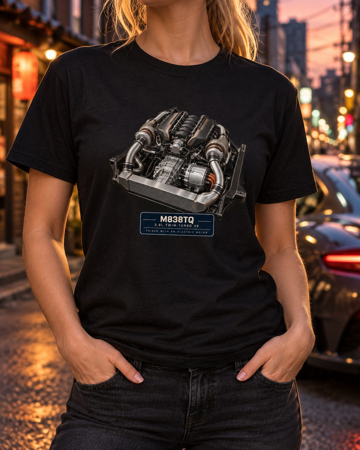 McLaren P1 M838TQ Engine Bay Shirt, Twin-Turbo V8 Gift T-Shirt Black worn hero
