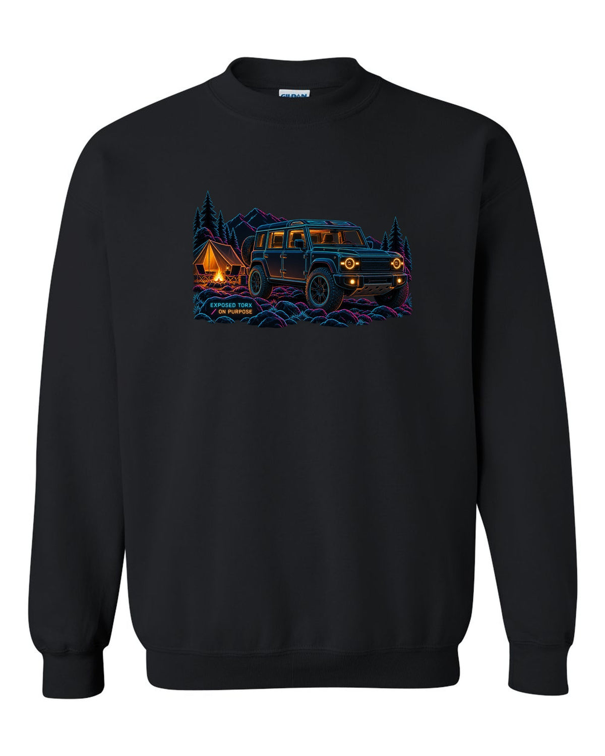 Neon line art print of a Land Rover Defender L663 110 at night camp with Exposed Torx text black crewneck front view with the design
