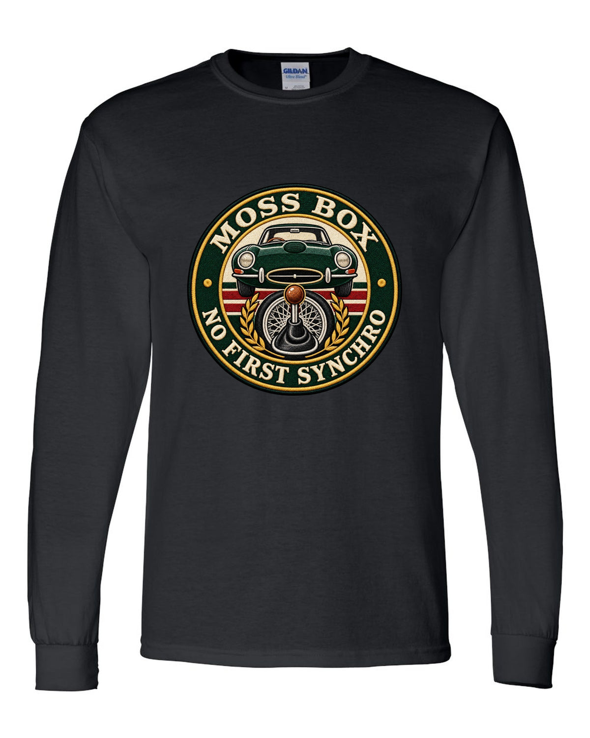 Varsity embroidery-style print for the 1961 Jaguar E-Type Series 1 with Moss box lettering black long sleeve front view with the design