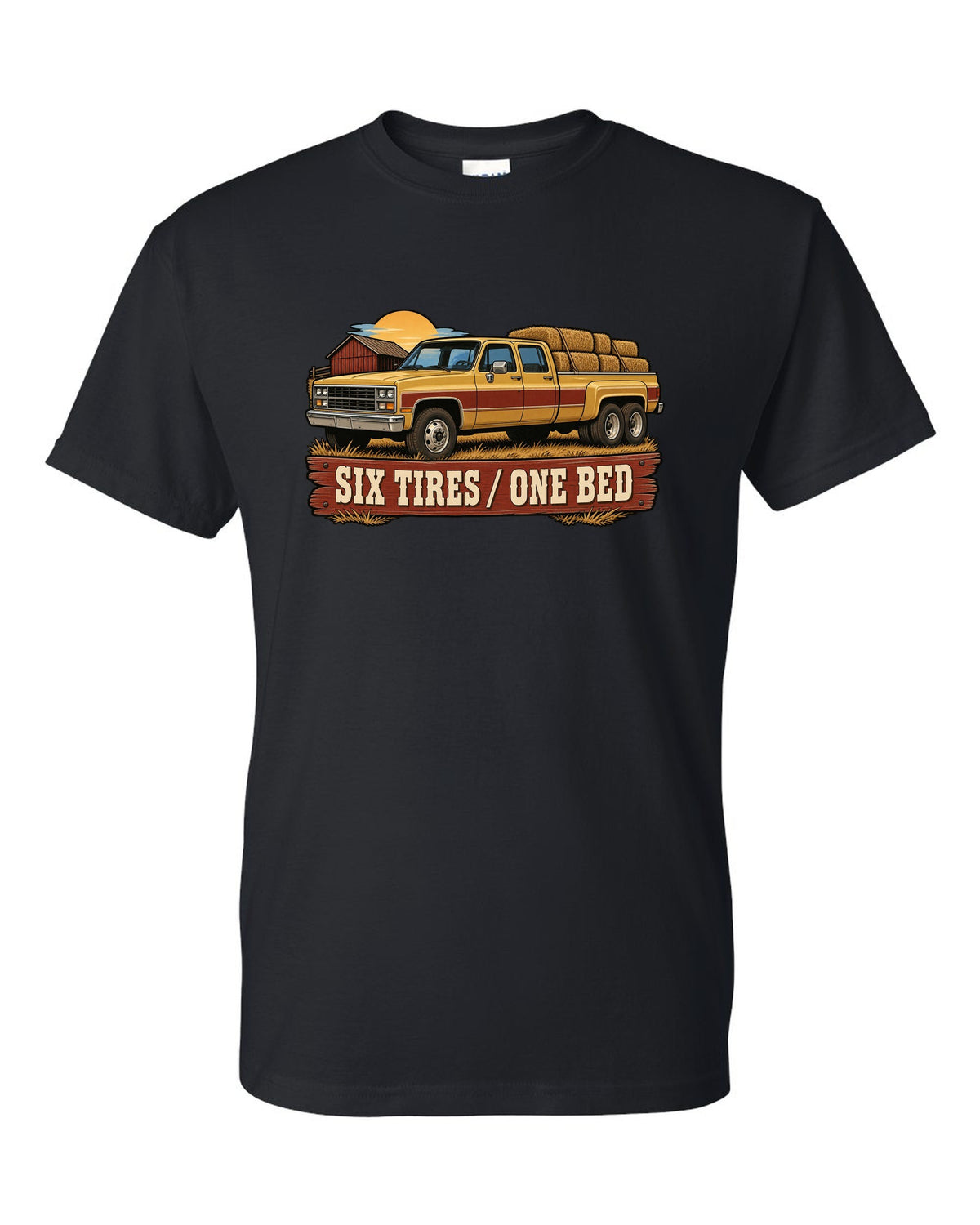 Vintage dealer-ad style print of a 1973-87 Chevrolet C20 Squarebody crew cab with six tires one bed lettering black t-shirt front view with the design