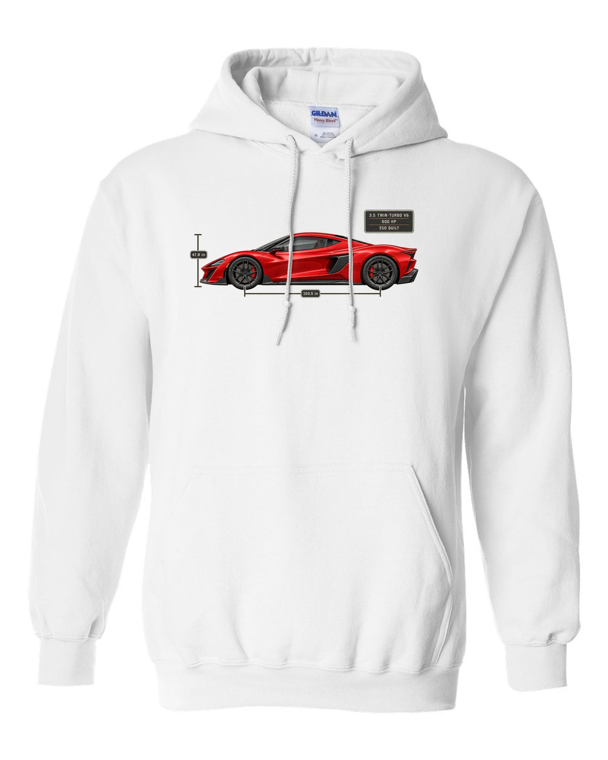 Acura NSX NC1 Type S Side Dimension Blueprint Tee, Car Gift white pull over hoodie front view with the design