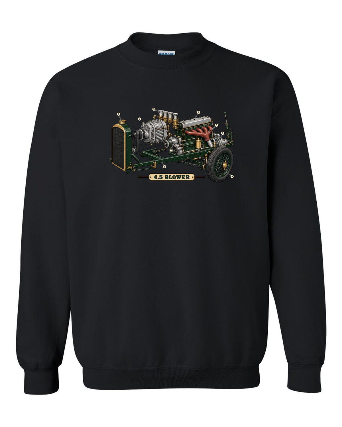 Exploded view diagram of the 1929 Bentley 4.5 Litre Blower supercharged engine with 4.5 BLOWER lettering black crewneck front view with the design