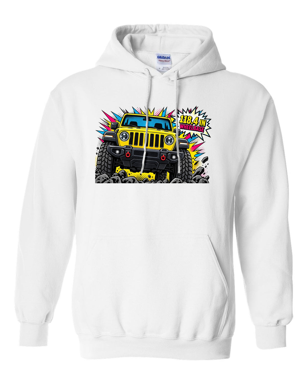 Jeep Wrangler JLU grille and headlight comic halftone pop art with 118.4 in wheelbase text white pull over hoodie front view with the design