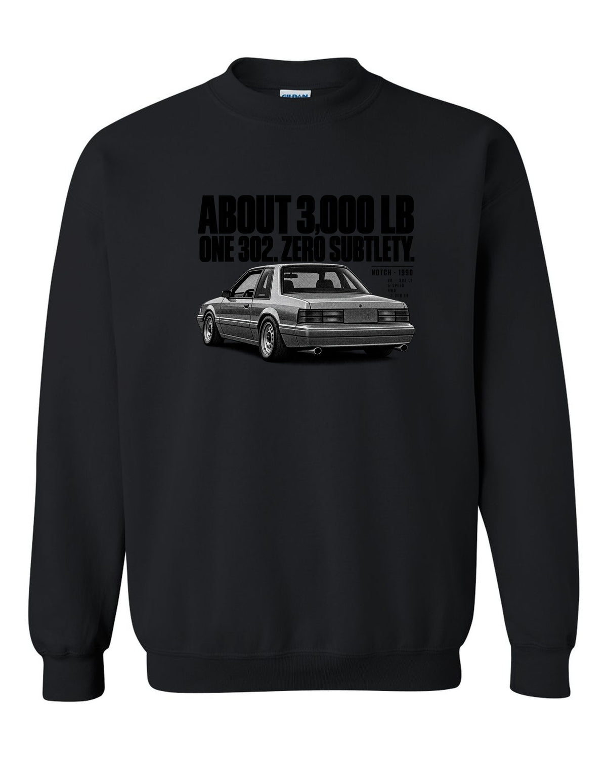 Halftone print of a 1990 Ford Mustang Fox Body LX notchback with spec lines black crewneck front view with the design