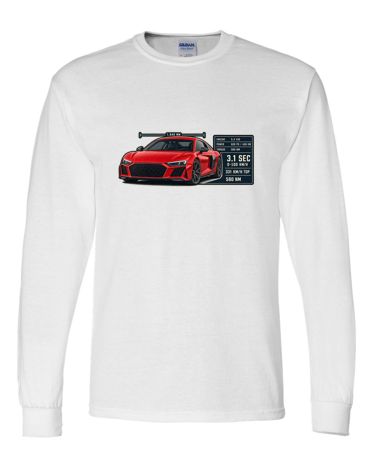Audi R8 V10 performance coupe spec poster print design white long sleeve front view with the design
