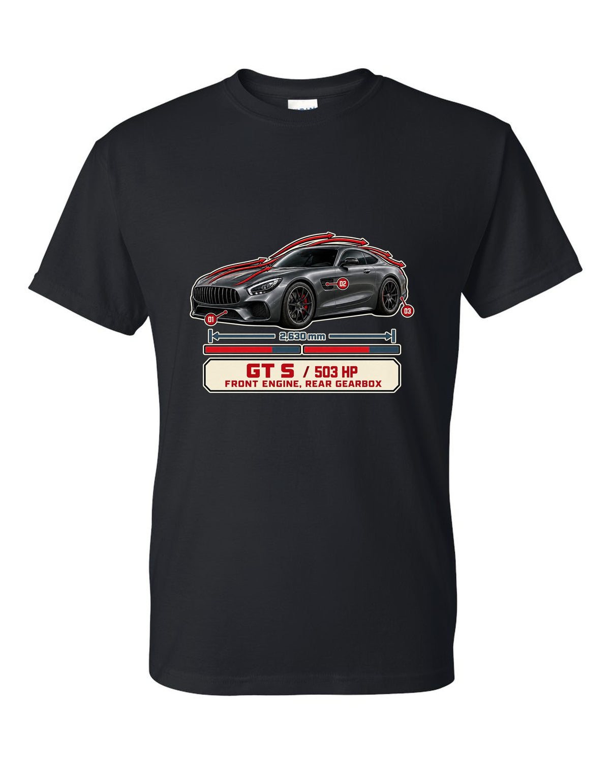 Mercedes-AMG GT S C190 aero cutaway callouts print black t-shirt front view with the design