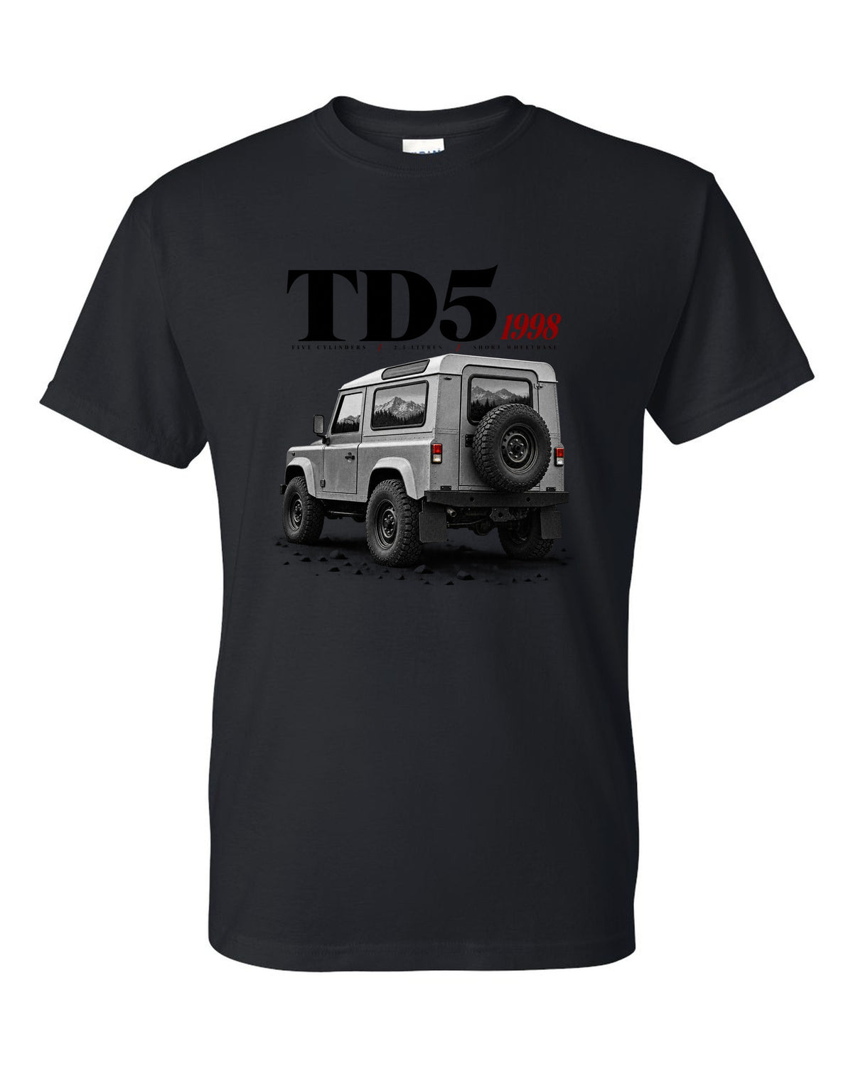 Land Rover Defender 90 editorial headline print about the 1998 Td5 engine black t-shirt front view with the design