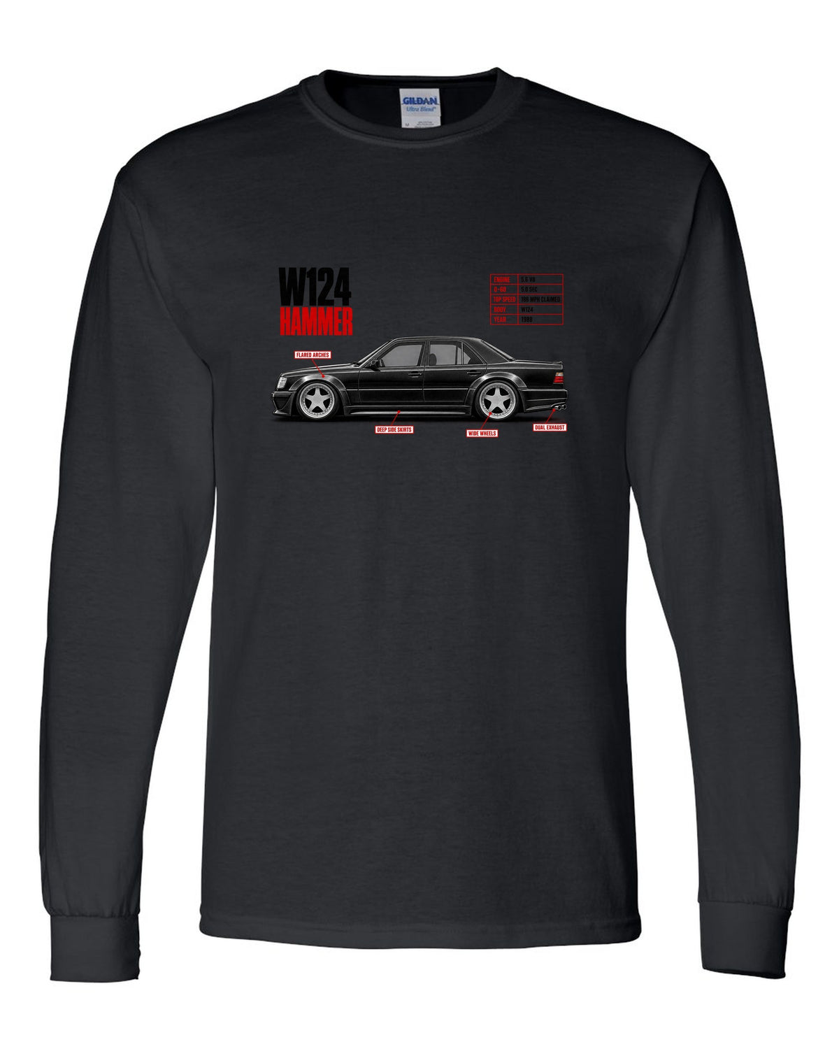 print spec poster of a Mercedes W124 Hammer with text 0-60 5.0 sec, 5.6 V8, 1988 black long sleeve front view with the design
