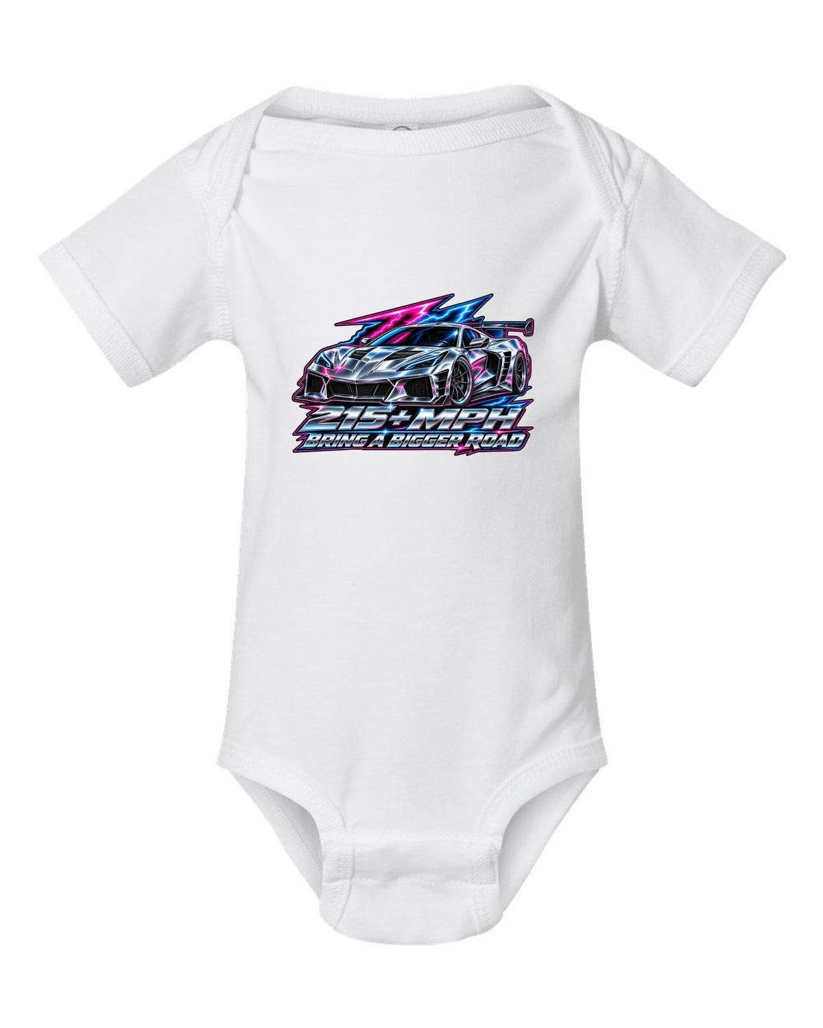Gauge-cluster HUD design with a 2025 C8 Corvette ZR1 and 215 plus mph lettering white baby onesie front view with the design