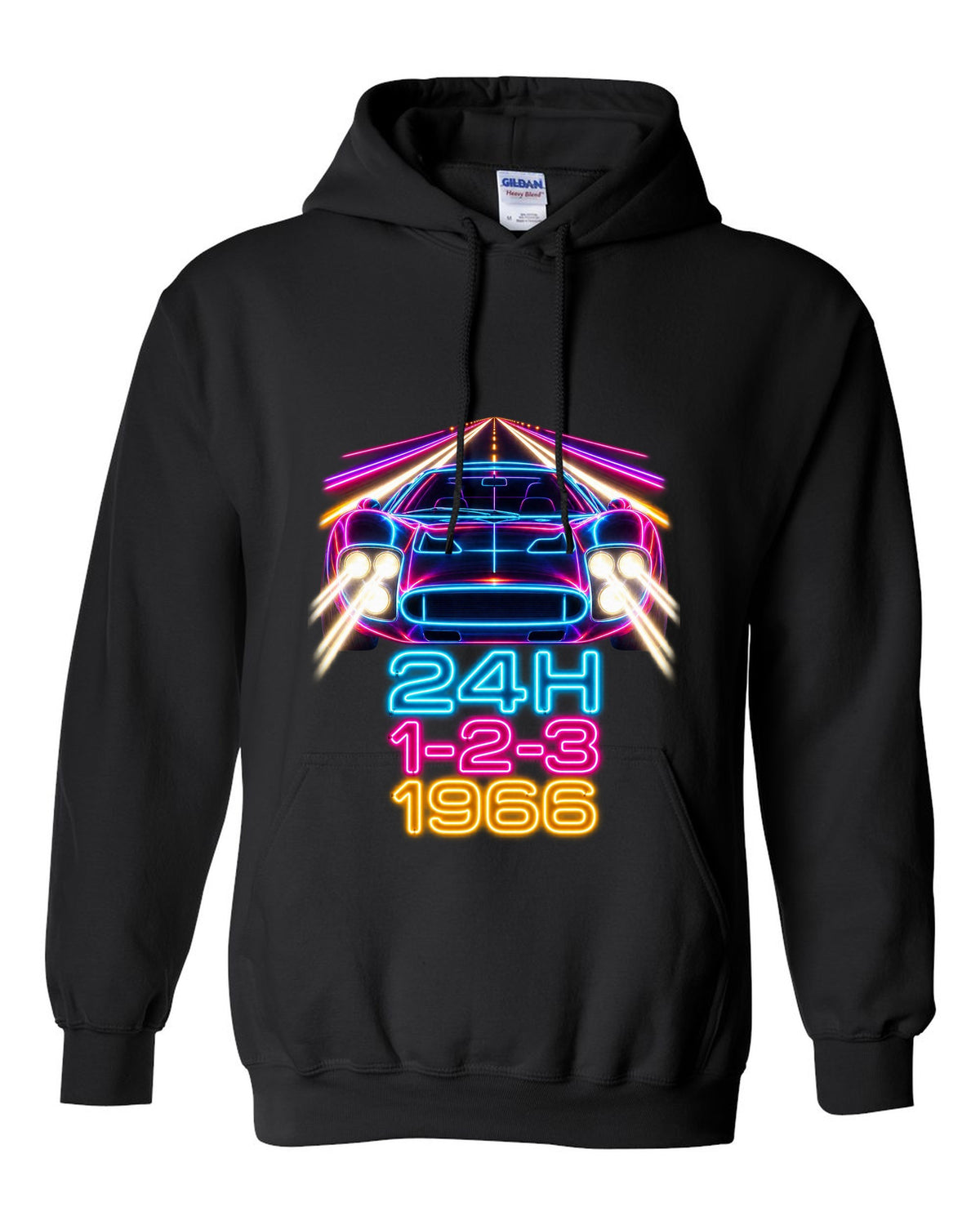 Neon long-exposure light trail print of a 1966 Ford GT40 Mk II with 24H 1-2-3 lettering black pull over hoodie front view with the design