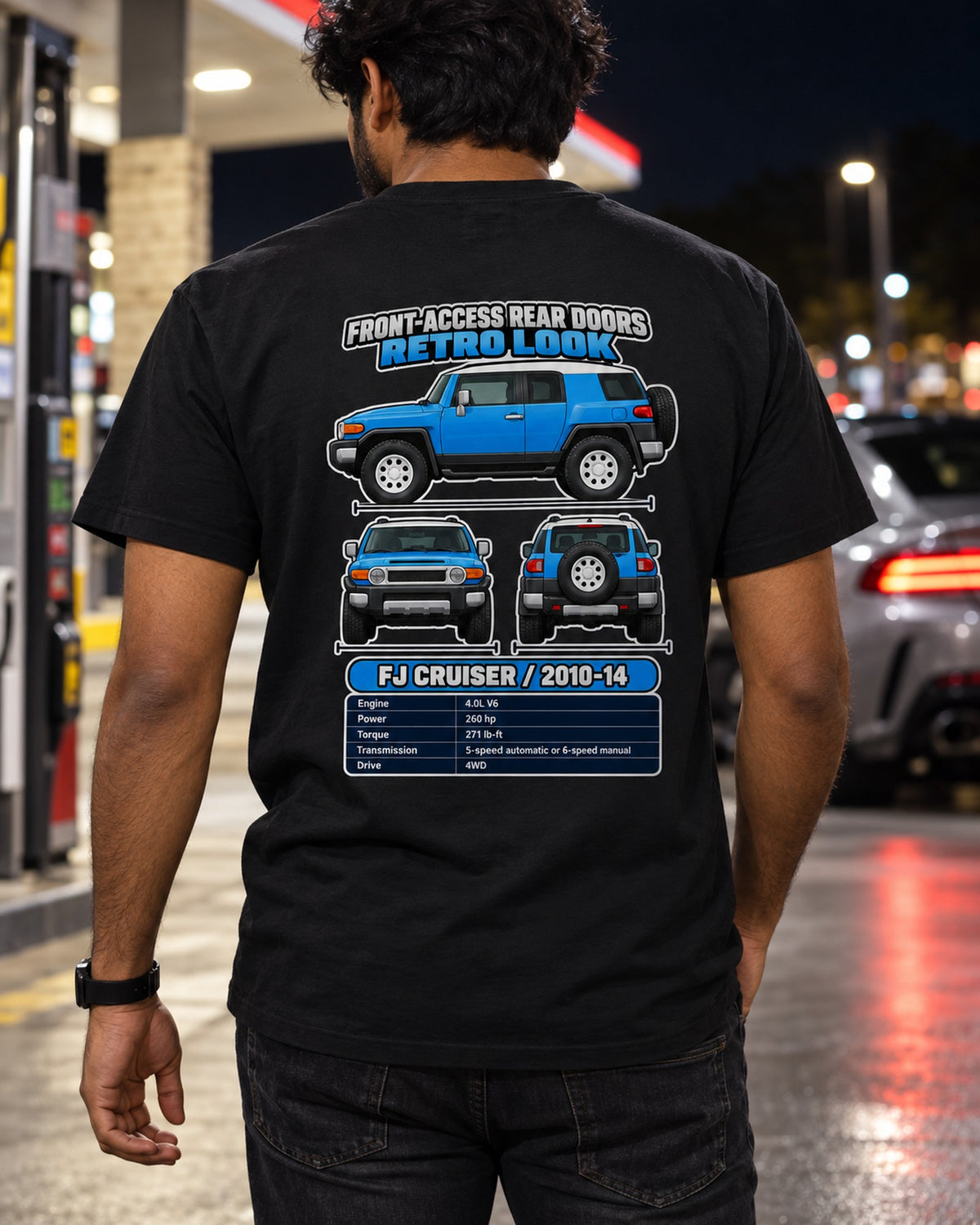 Toyota Fj Cruiser Spec Sheet Full-Back Graphic Tee T-Shirt Black worn hero