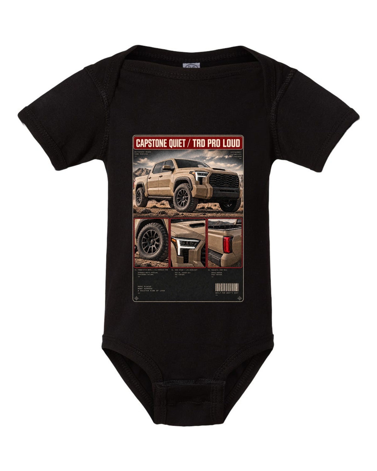 Toyota Tundra TRD Pro CrewMax dossier panel design black baby onesie front view with the design