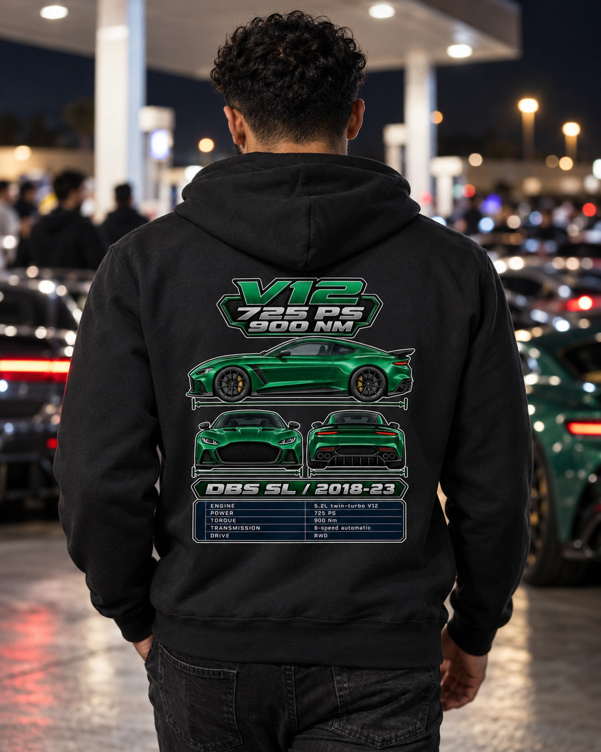 Aston Martin Dbs Superleggera Spec Sheet Full-Back Graphic Tee Zip Hoodie Black worn hero