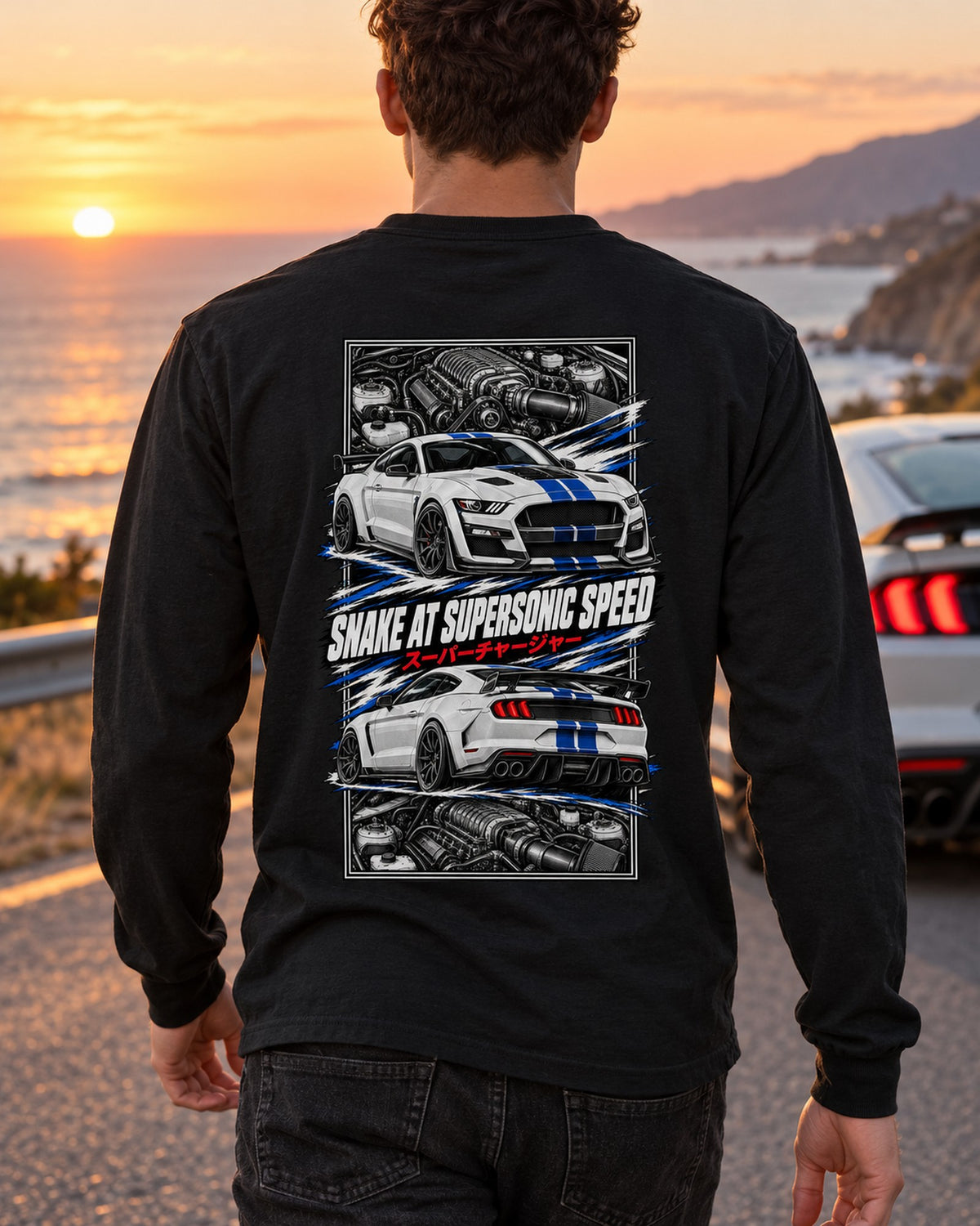 Shelby Gt500 Torn Poster Full-Back Graphic Tee Long Sleeve Black worn hero