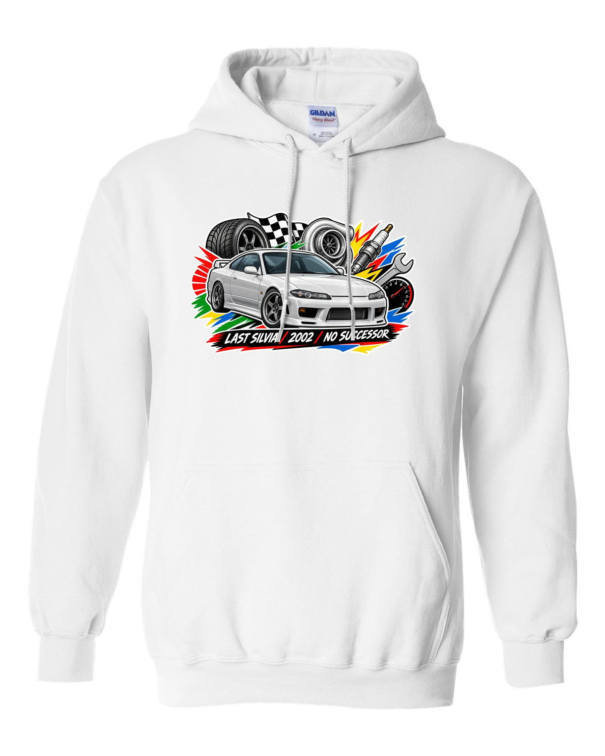 Sticker-bomb collage print for the Nissan Silvia S15 with last Silvia 2002 no successor lettering white pull over hoodie front view with the design