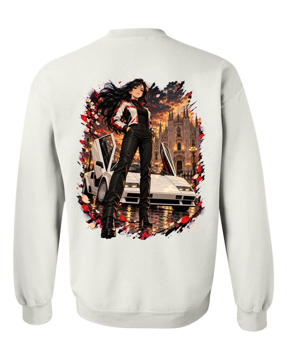 Lamborghini Countach Anime Girl Crewneck White back