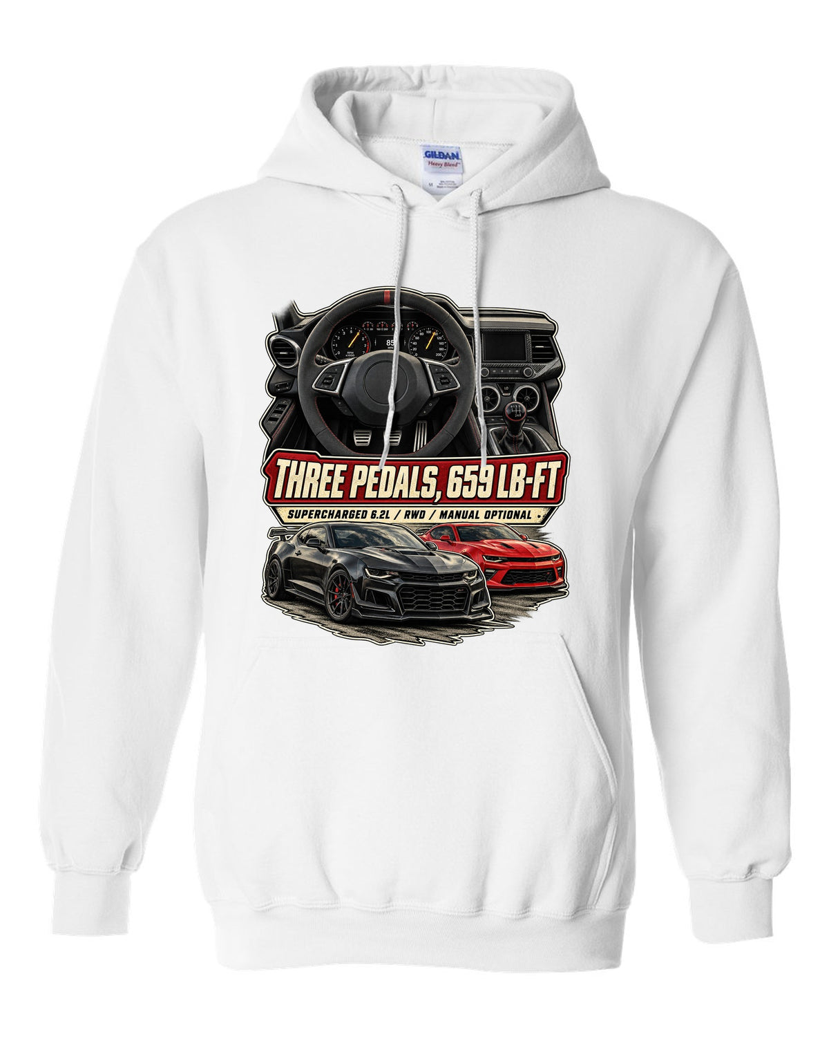 Gauge cockpit print of a 2022-25 Cadillac CT5-V Blackwing interior white pull over hoodie front view with the design
