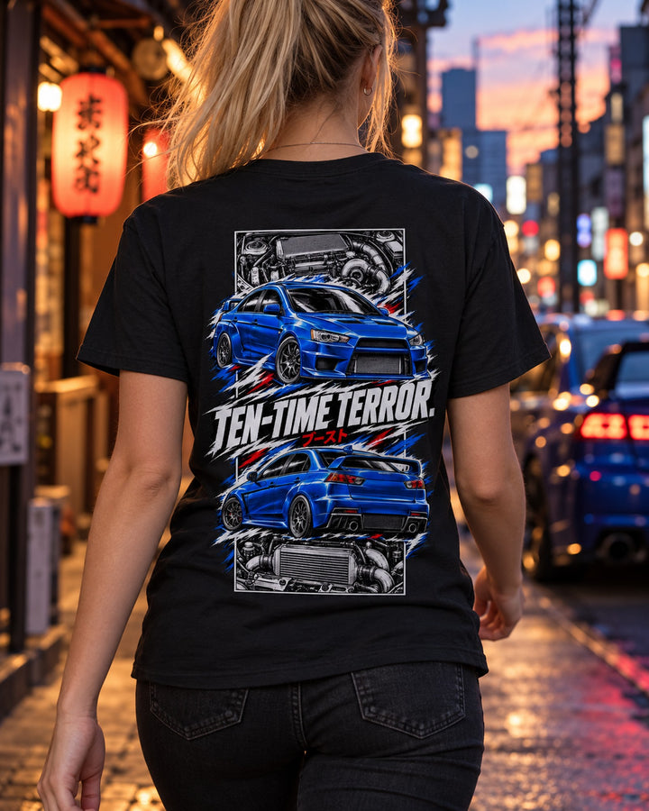 Mitsubishi Evo X Torn Poster Full-Back Graphic Tee T-Shirt Black worn hero