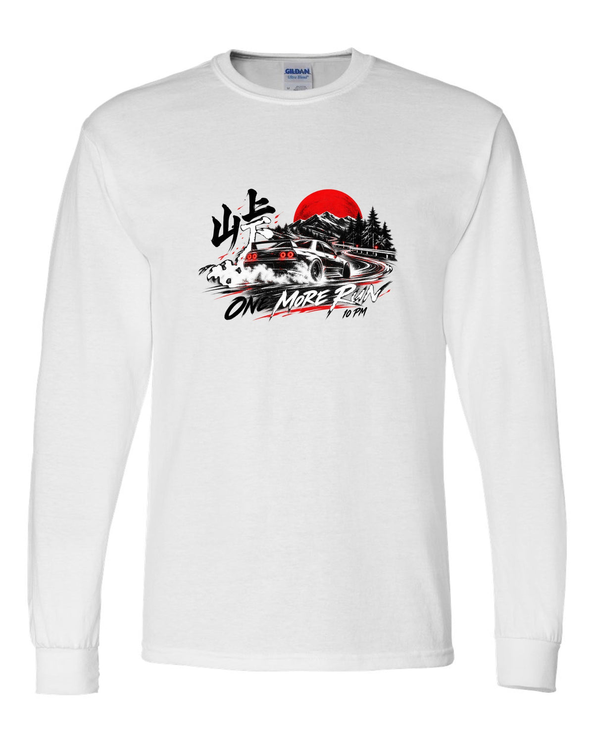 Night cornering print of a Mazda RX-7 FD3S with one more run lettering white long sleeve front view with the design