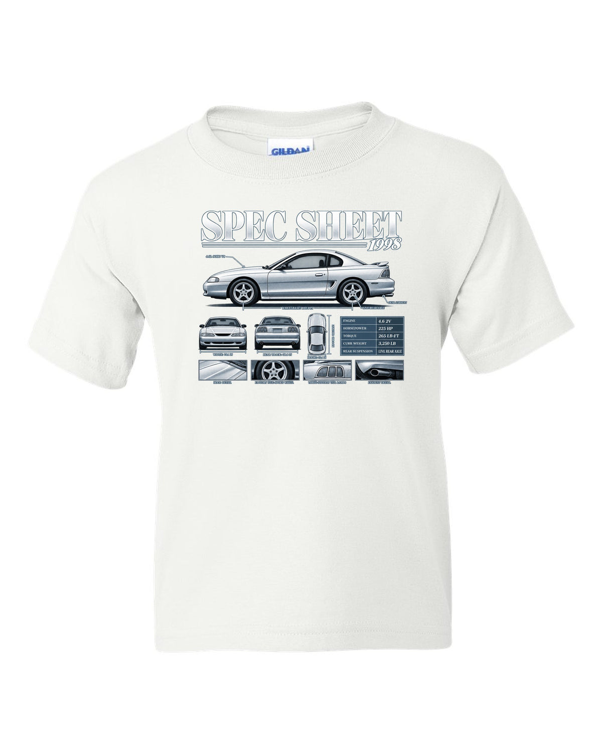 Spec sheet poster print of a 1998 SN95 Ford Mustang GT coupe white kids tee front view with the design