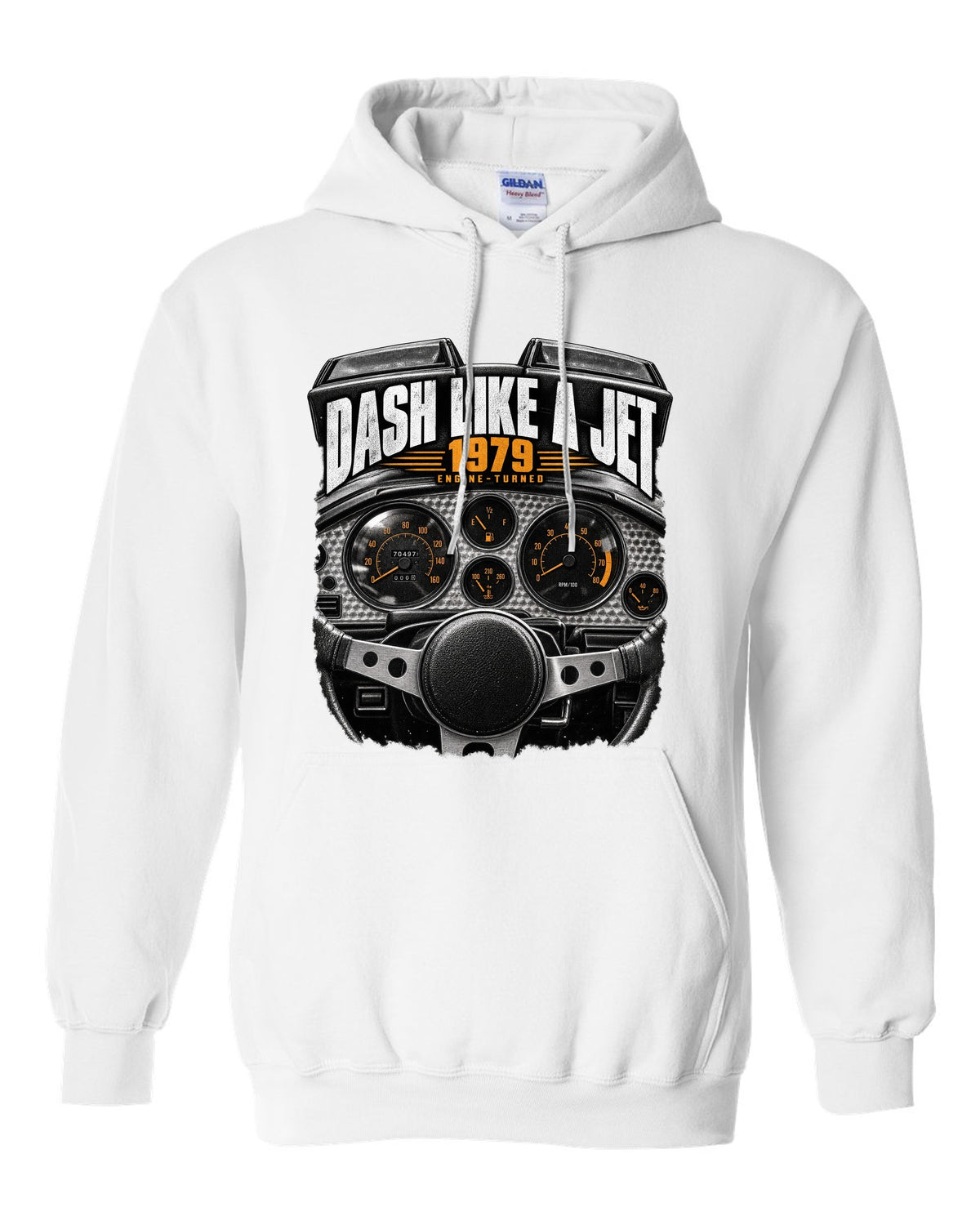 print of a 1979 Pontiac Firebird cockpit with engine-turned dash panel white pull over hoodie front view with the design