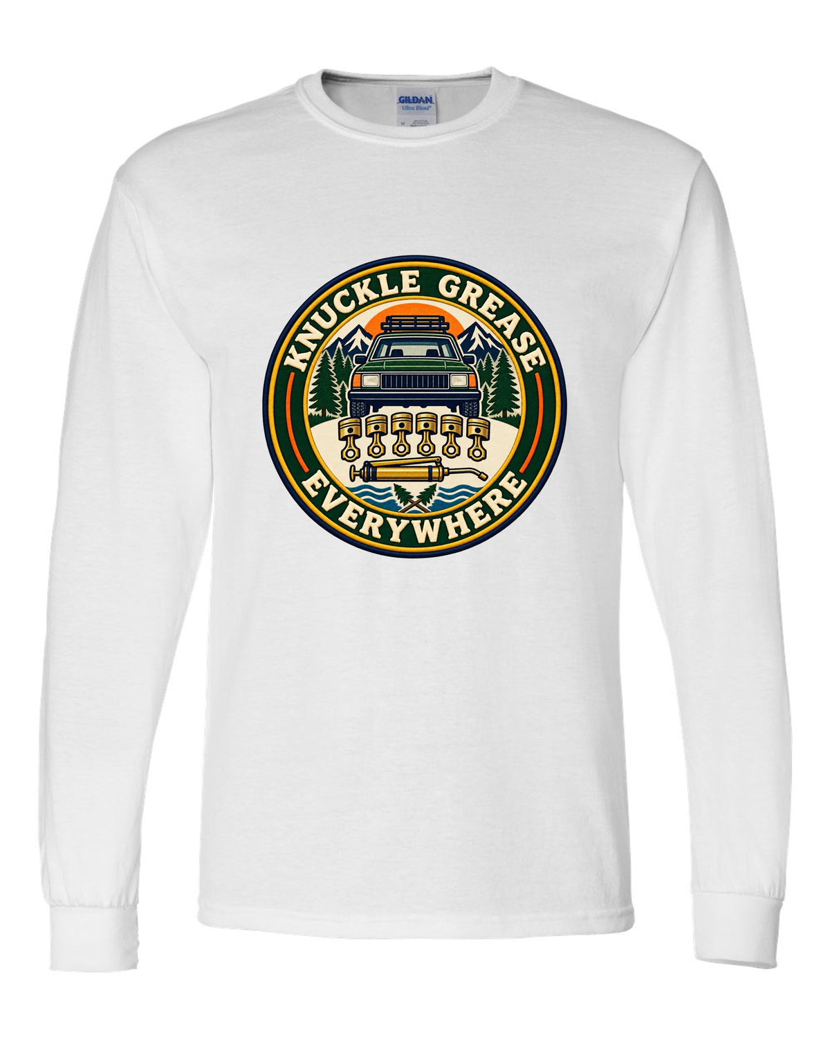 Badge crest of a Toyota Land Cruiser FZJ80 inline-six with Knuckle Grease Everywhere lettering white long sleeve front view with the design