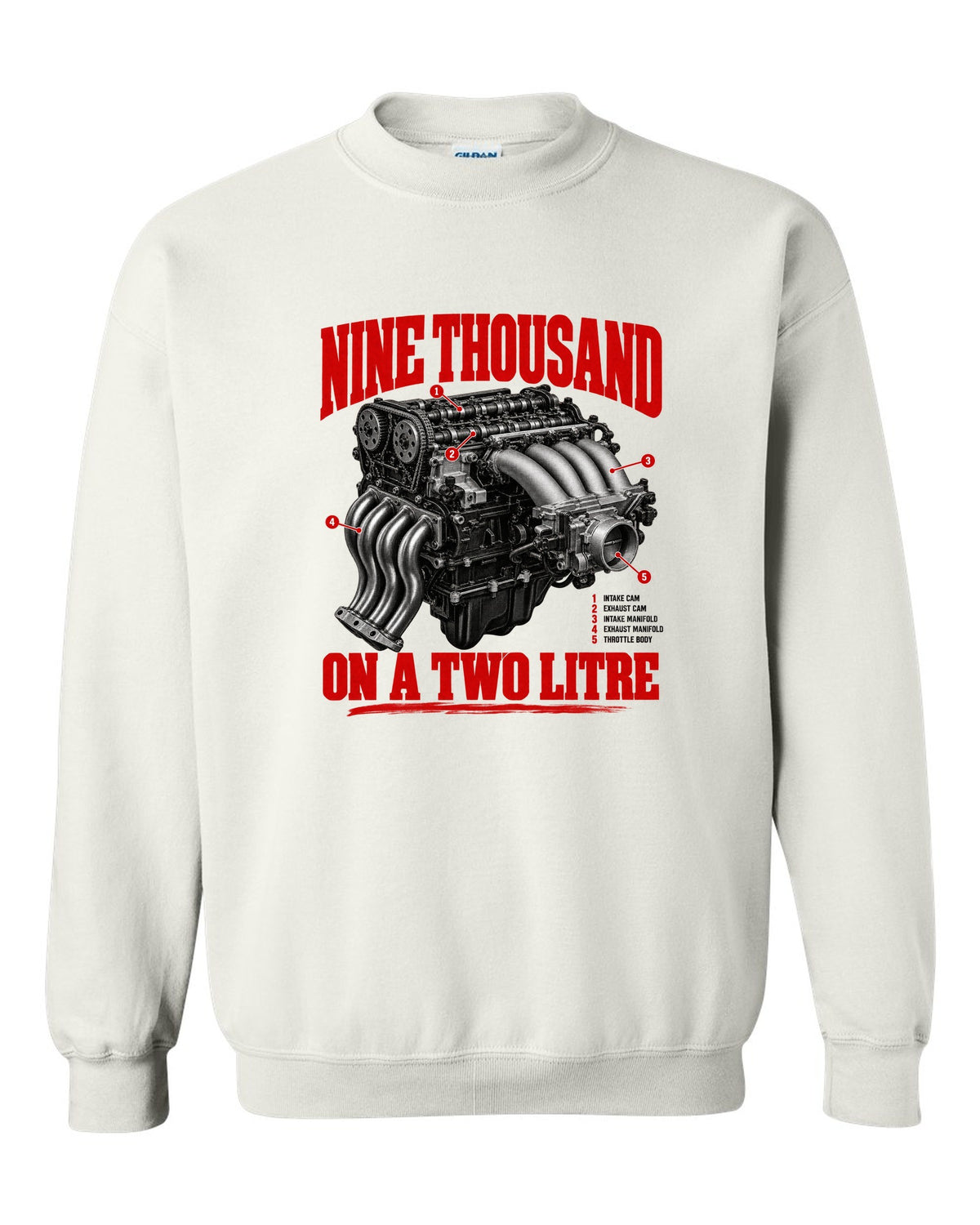 Honda S2000 AP1 roadster engine hero design with nine thousand on a two litre text white crewneck front view with the design